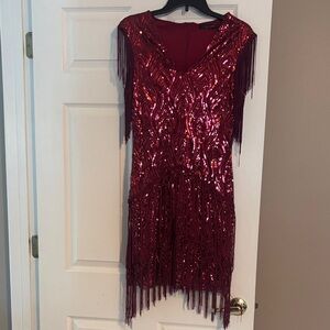 Elegant Sequin Flapper Fringe Midi Dress - Red